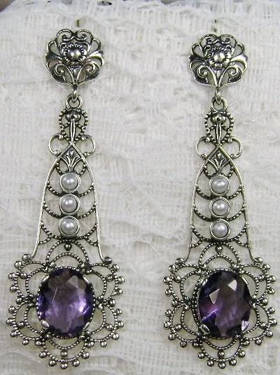 Amethyst Earrings, Long Fancy Lavalier Sterling Silver Filigree, Pearl accents, Vintage Jewelry #E17
