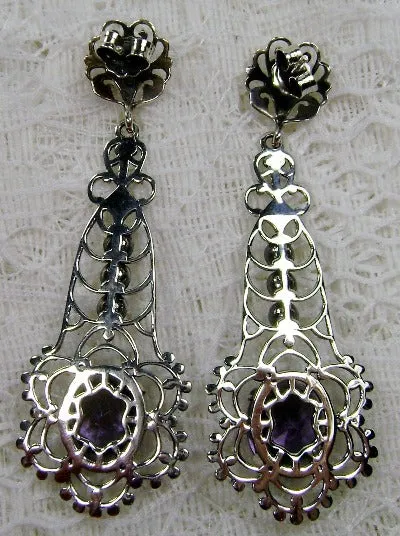 Amethyst Earrings, Long Fancy Lavalier Sterling Silver Filigree, Pearl accents, Vintage Jewelry #E17