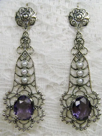 Amethyst Earrings, Long Fancy Lavalier Sterling Silver Filigree, Pearl accents, Vintage Jewelry #E17