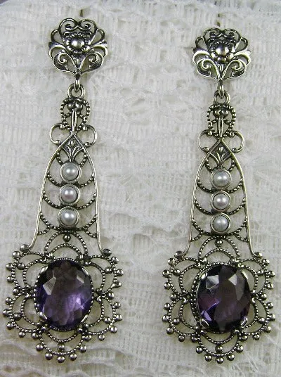 Amethyst Earrings, Long Fancy Lavalier Sterling Silver Filigree, Pearl accents, Vintage Jewelry #E17
