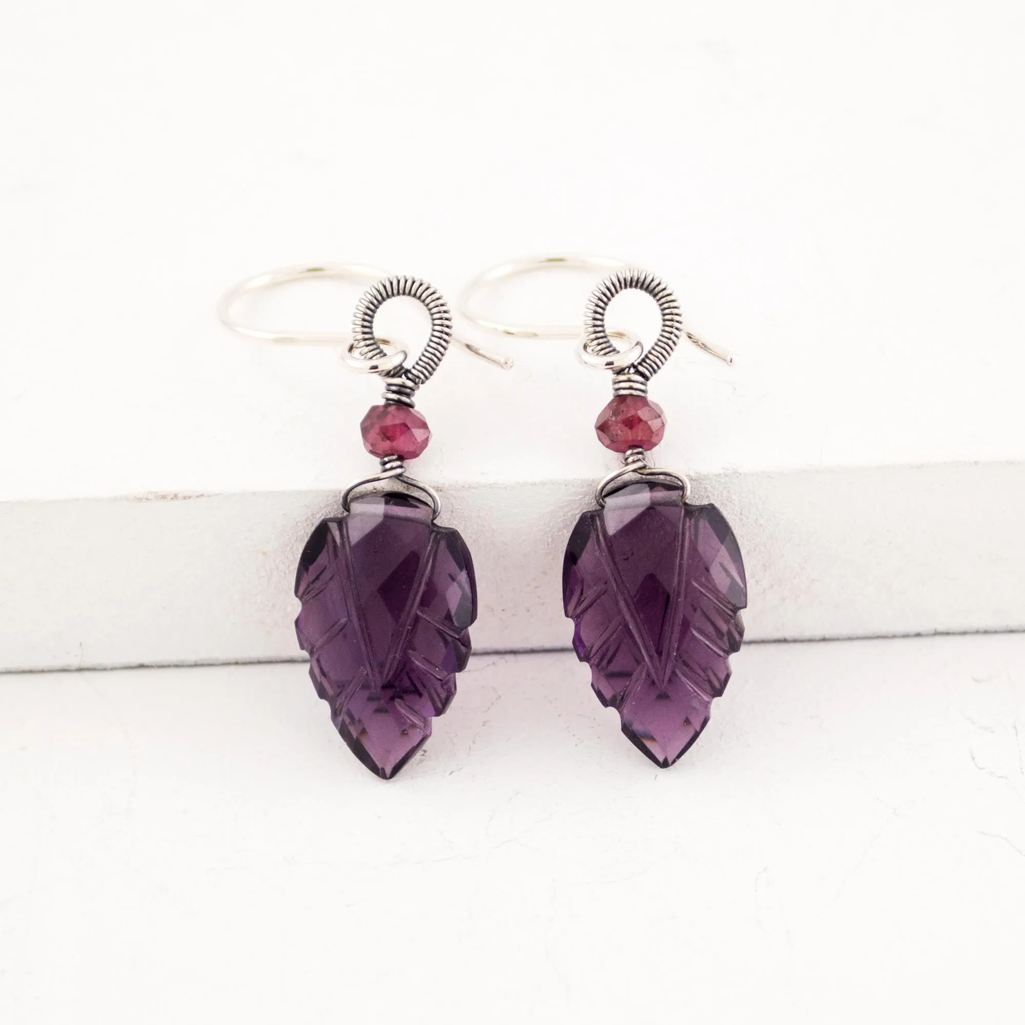 Amethyst Garnet drop silver wire wrapped earrings