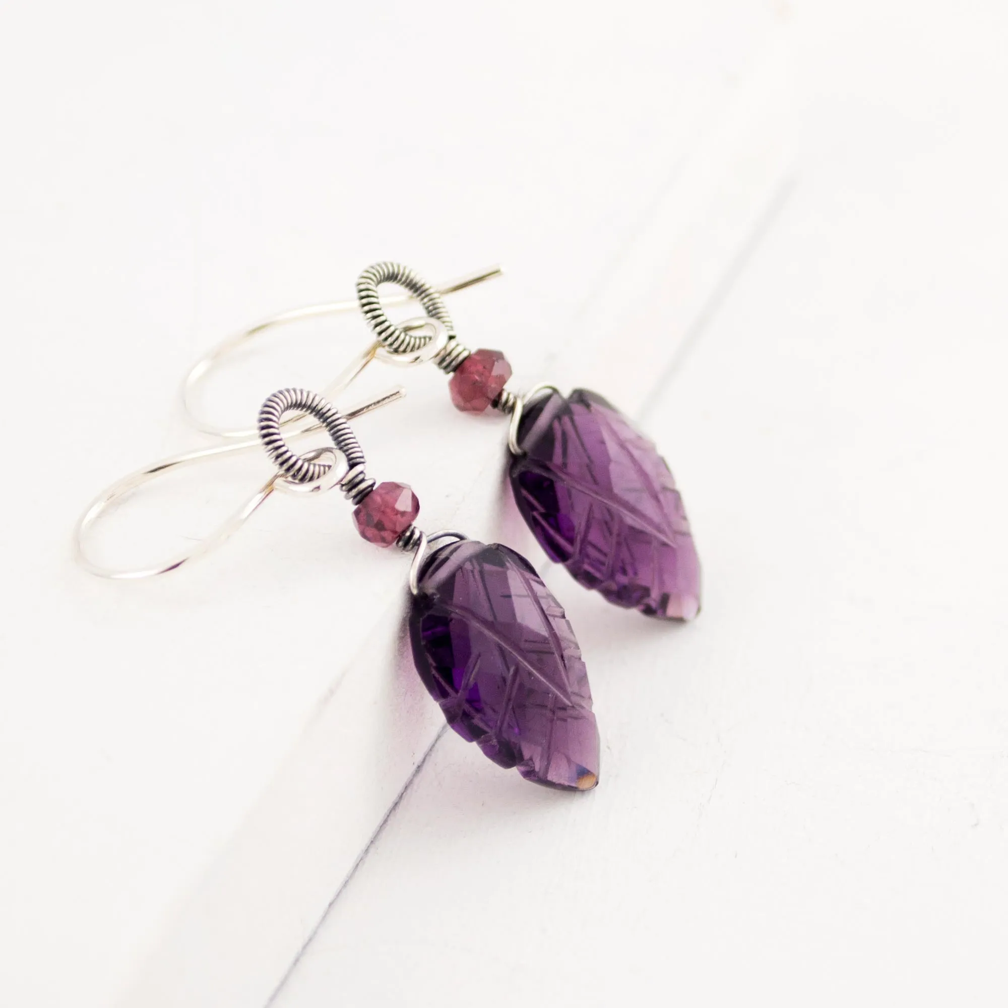 Amethyst Garnet drop silver wire wrapped earrings