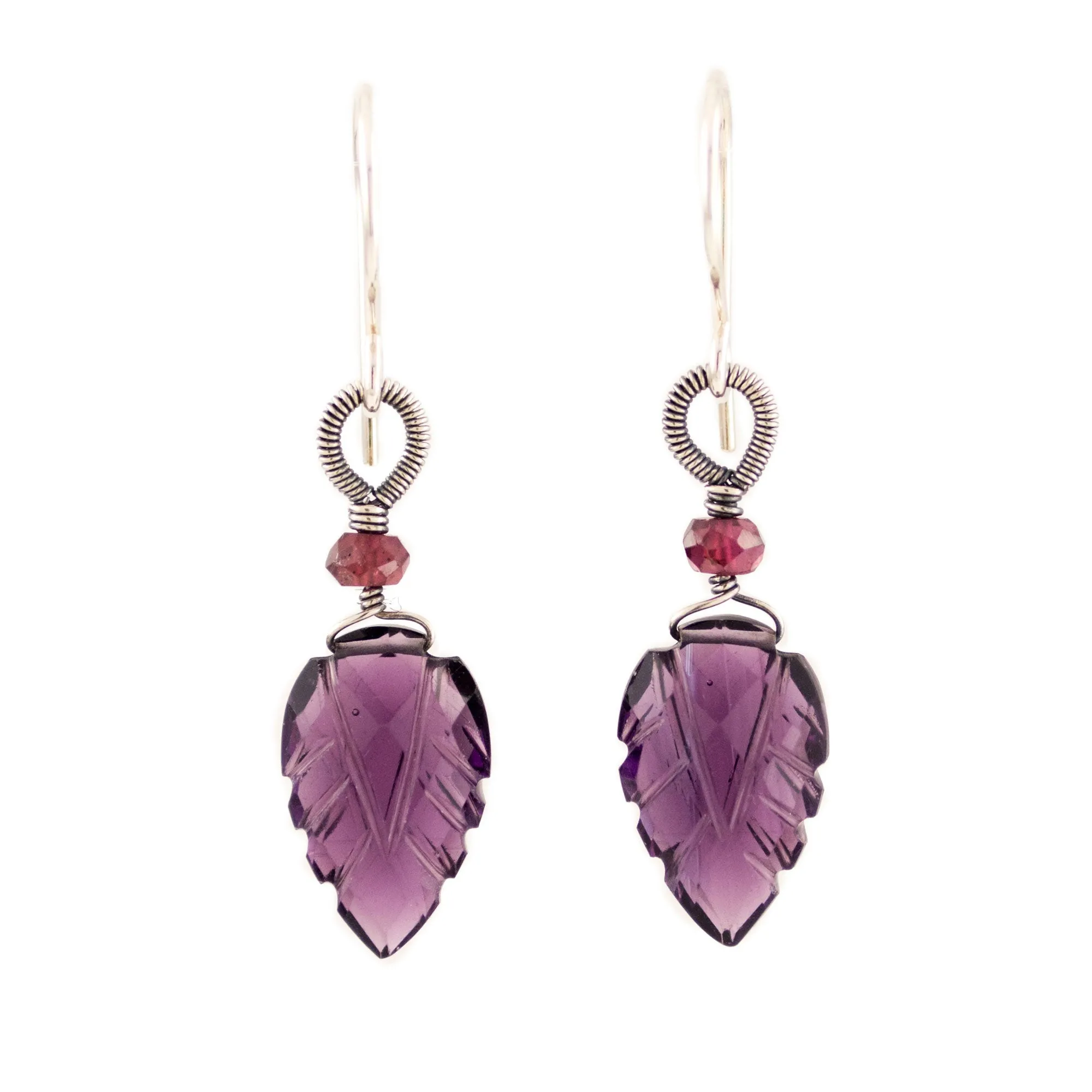 Amethyst Garnet drop silver wire wrapped earrings