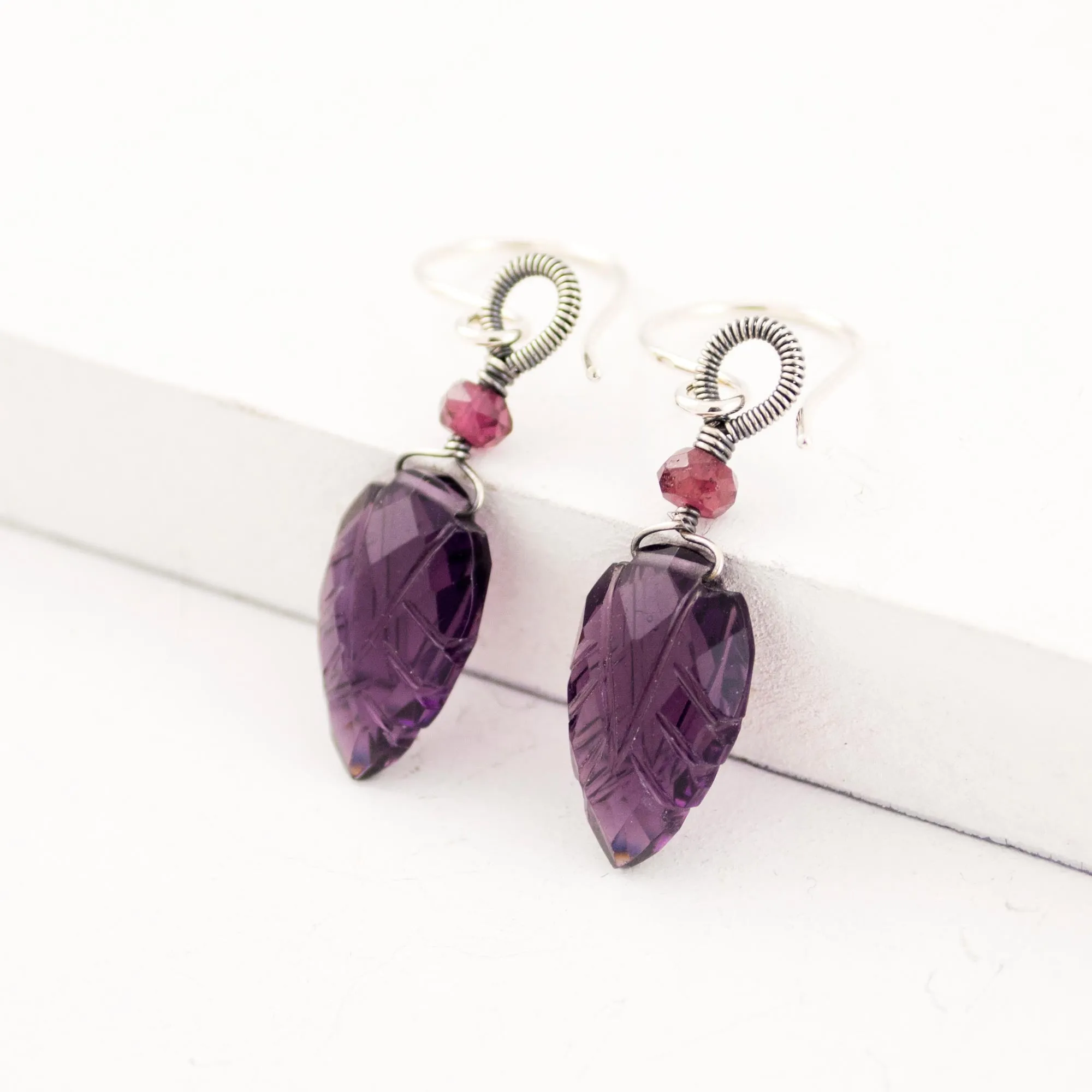 Amethyst Garnet drop silver wire wrapped earrings