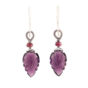 Amethyst Garnet drop silver wire wrapped earrings
