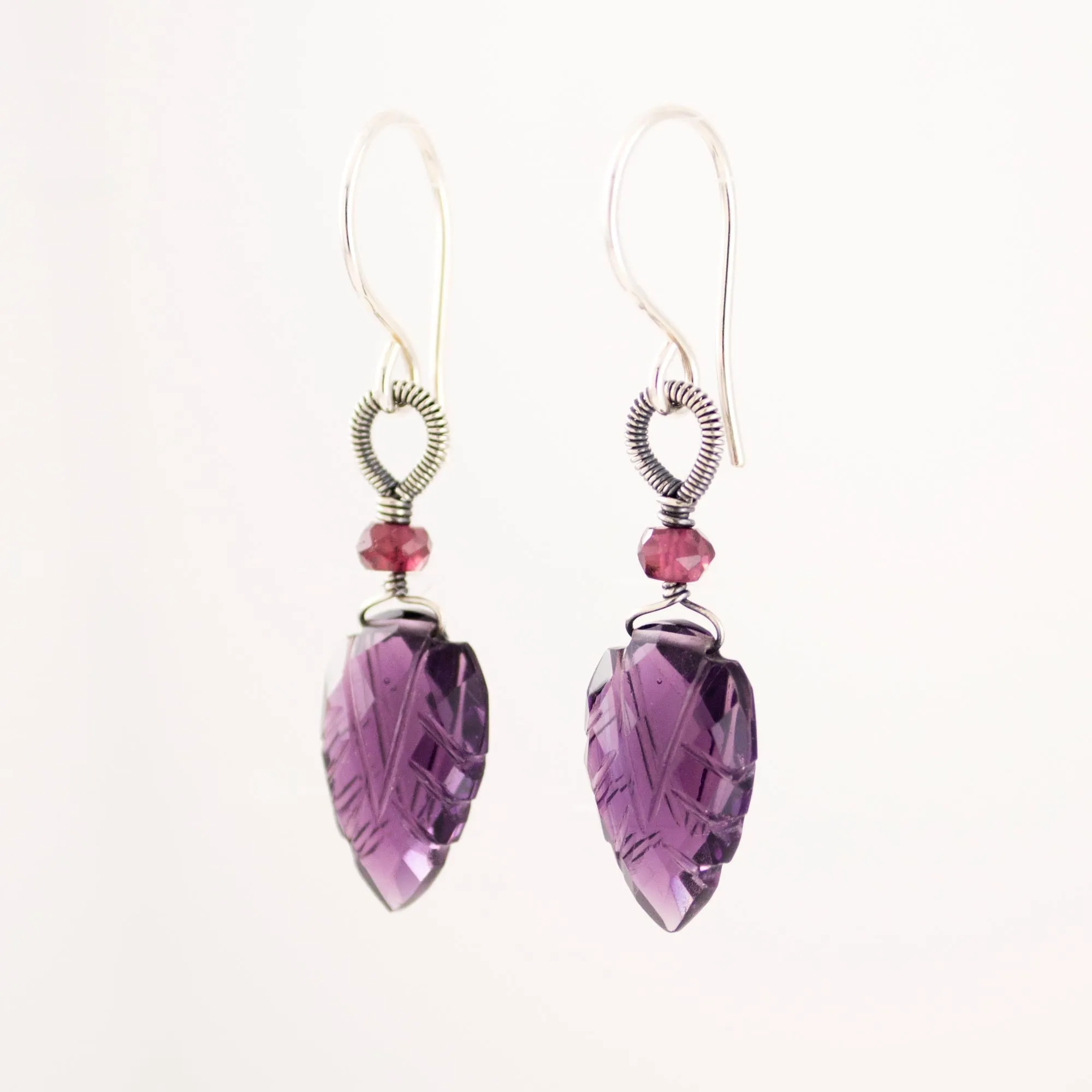 Amethyst Garnet drop silver wire wrapped earrings