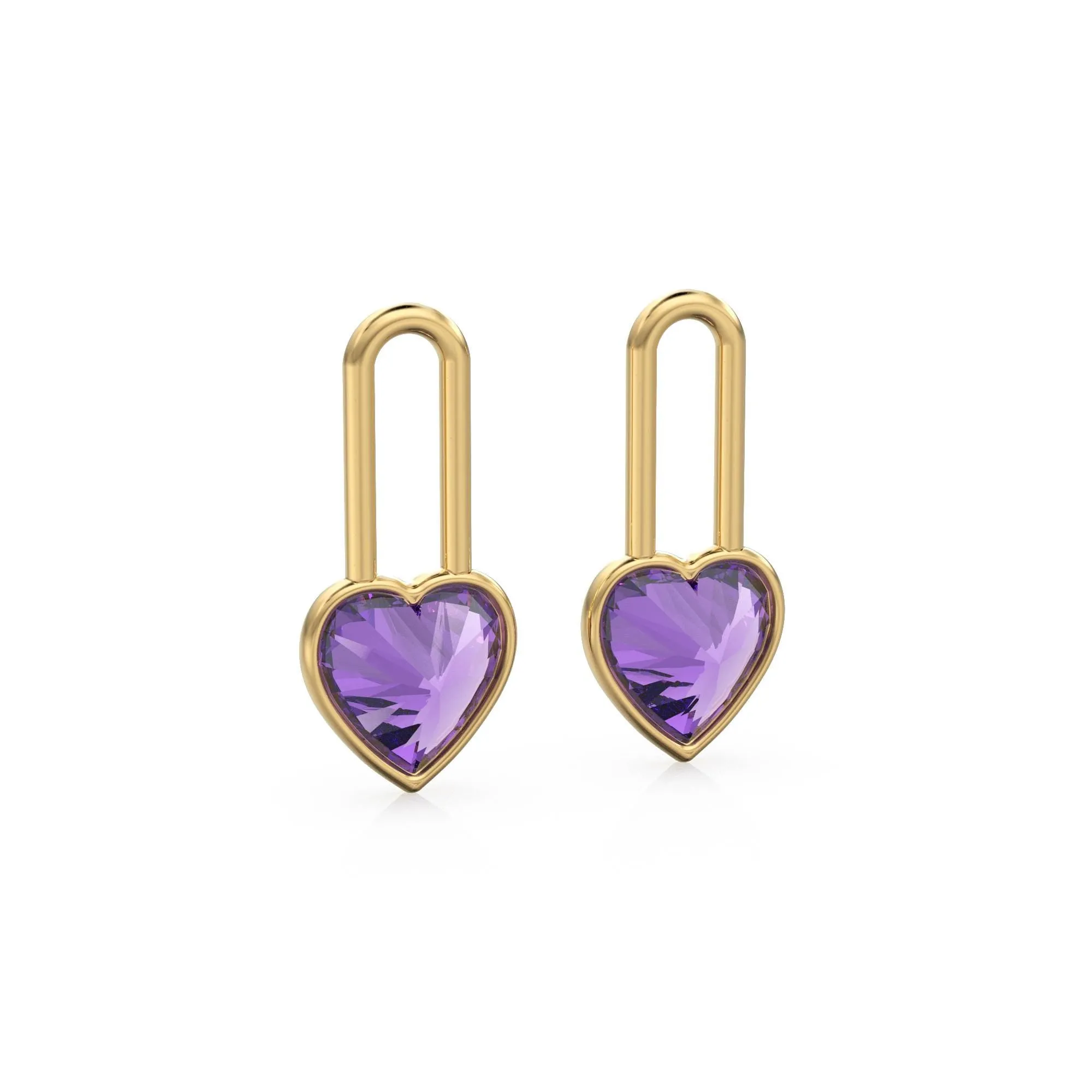 Amethyst Heart Solid Gold Charm Pair Earrings / Natural Purple Gemstone Gold Pendant / 14k Gold February Birthstone Jewelry Making Finding