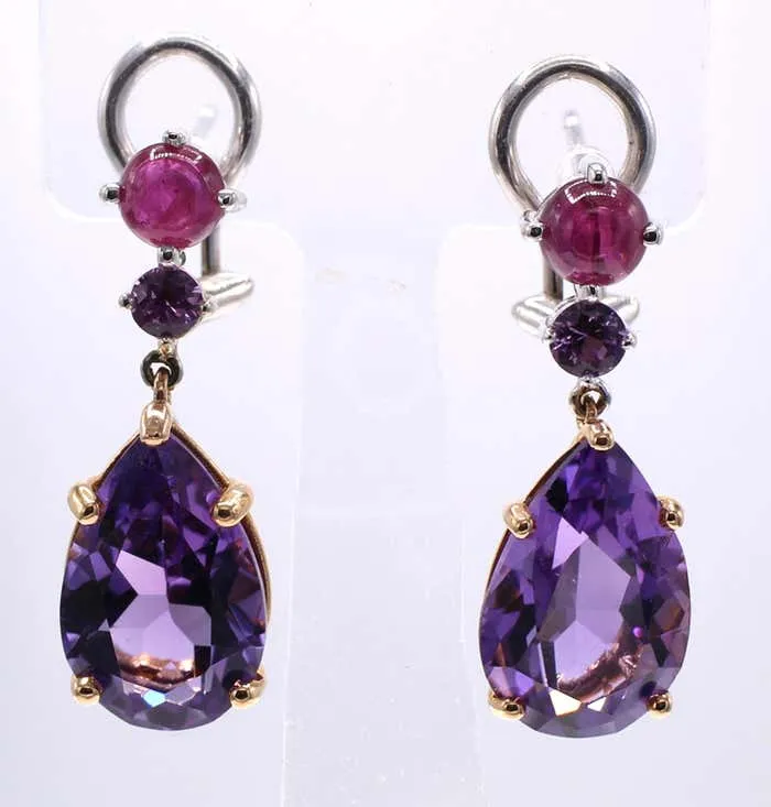 Amethyst Ruby and Pink Sapphire 18 Karat Gold Pendant Earrings