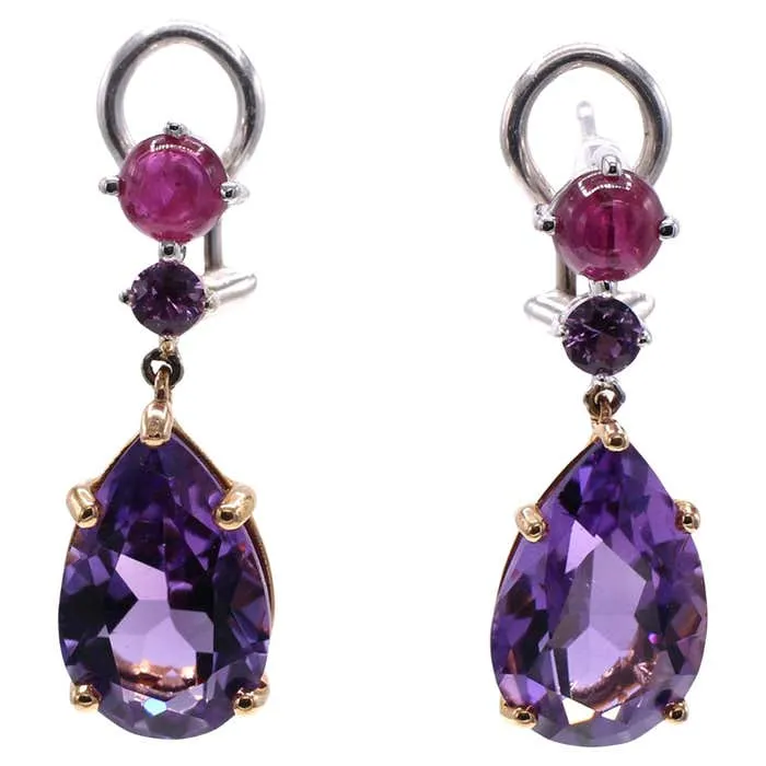 Amethyst Ruby and Pink Sapphire 18 Karat Gold Pendant Earrings