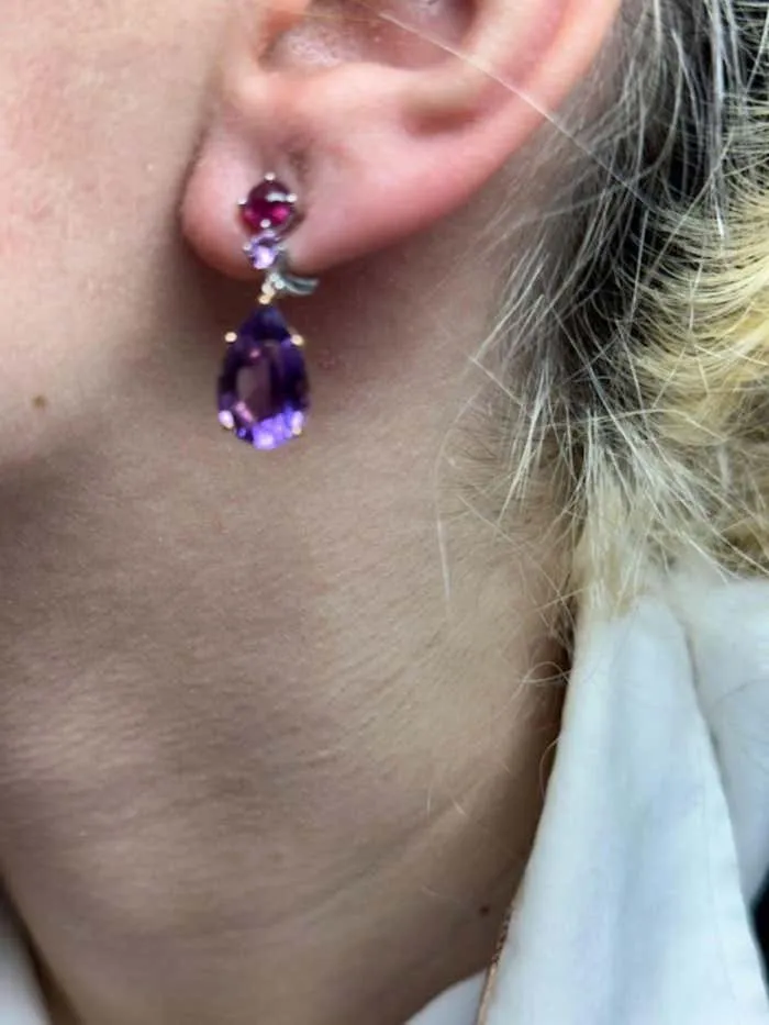 Amethyst Ruby and Pink Sapphire 18 Karat Gold Pendant Earrings