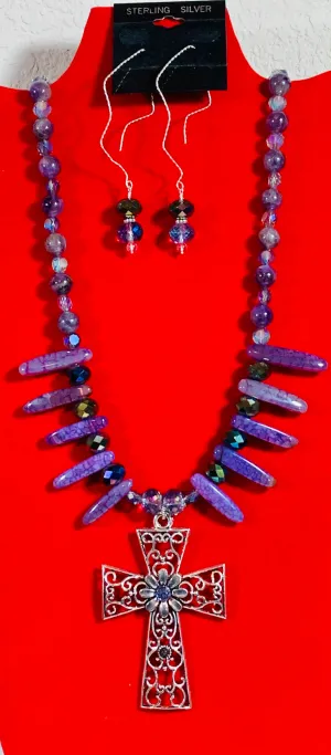 Amethyst Stone and Crystal Cross Necklace and Earrings  #20005