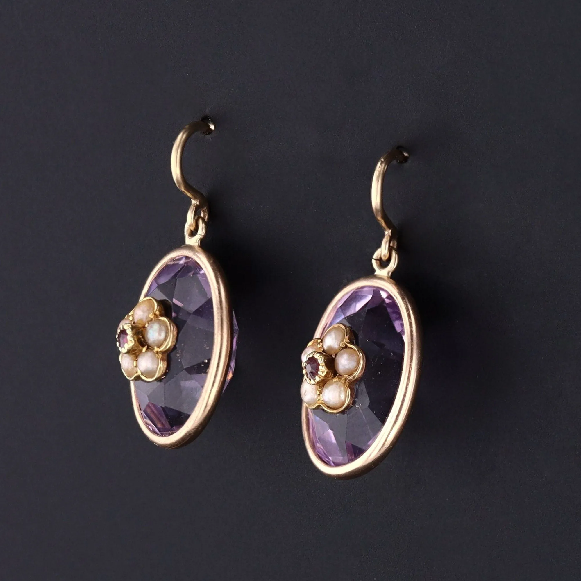 Antique Amethyst Flower Conversion Earrings of 14k Gold