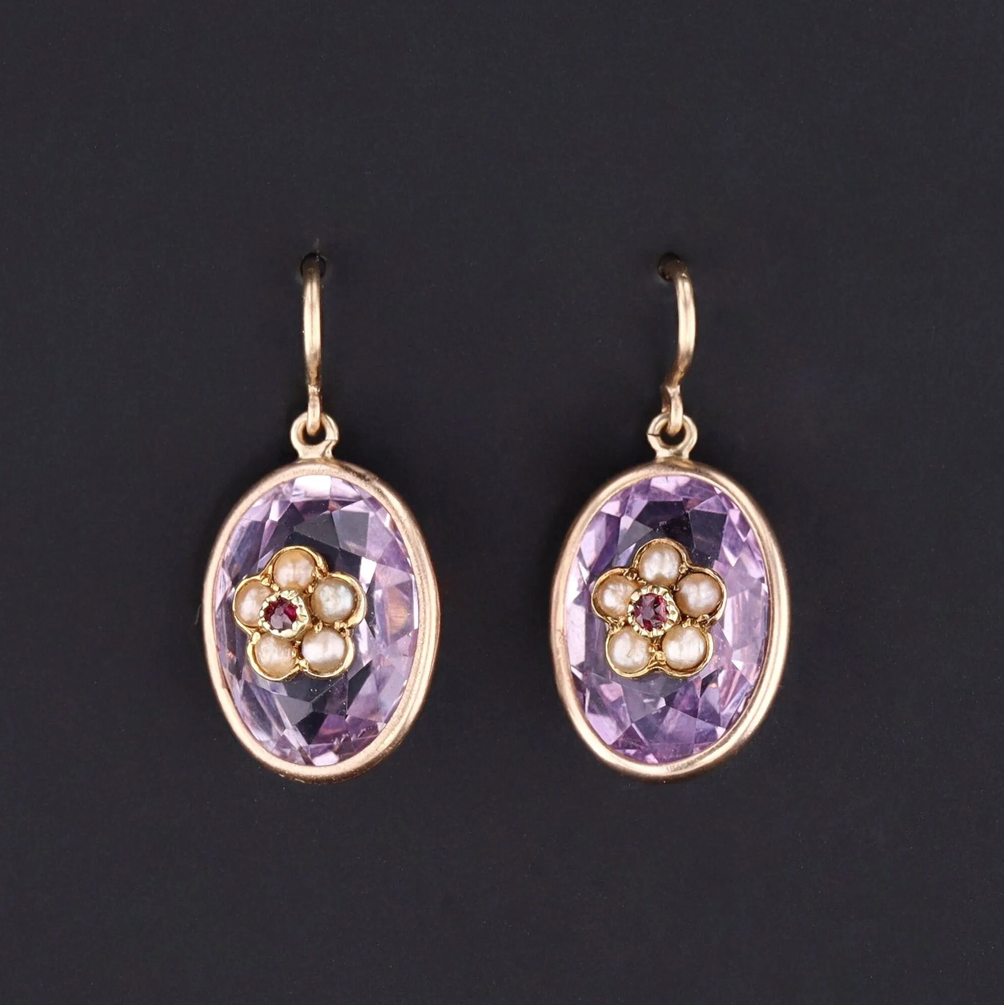 Antique Amethyst Flower Conversion Earrings of 14k Gold