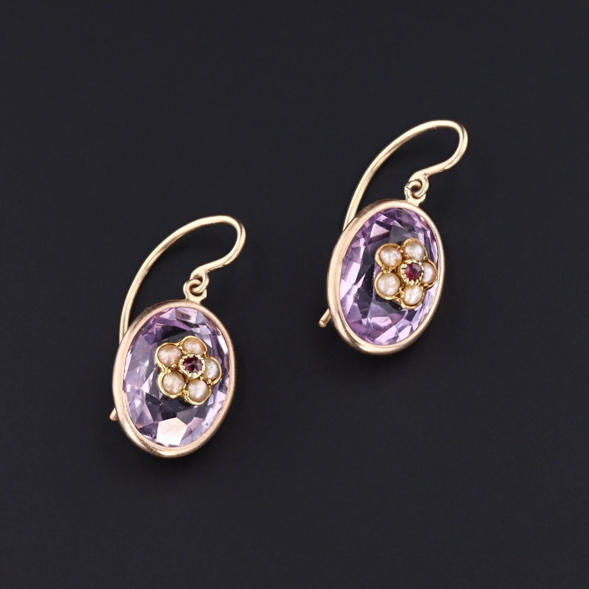 Antique Amethyst Flower Conversion Earrings of 14k Gold
