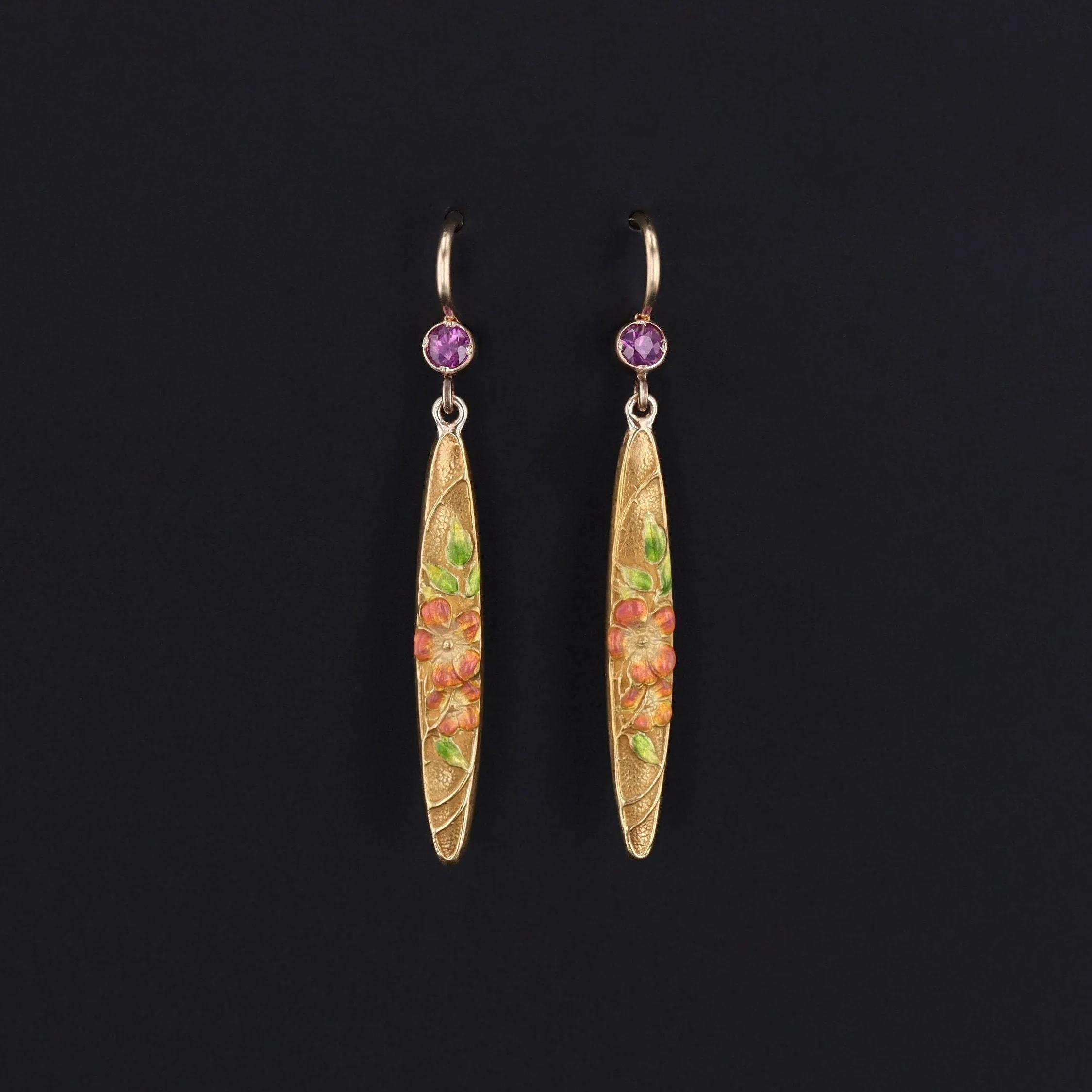 Antique Enamel and Pink Sapphire Conversion Earrings of 14k Gold