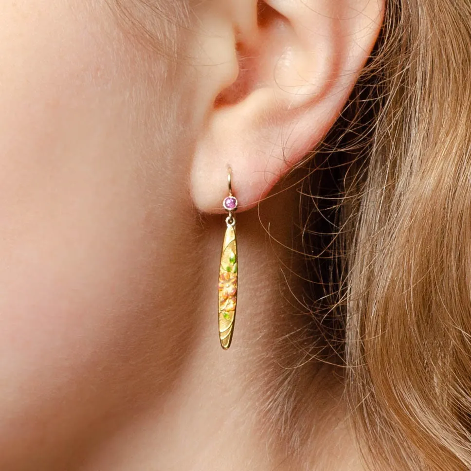 Antique Enamel and Pink Sapphire Conversion Earrings of 14k Gold