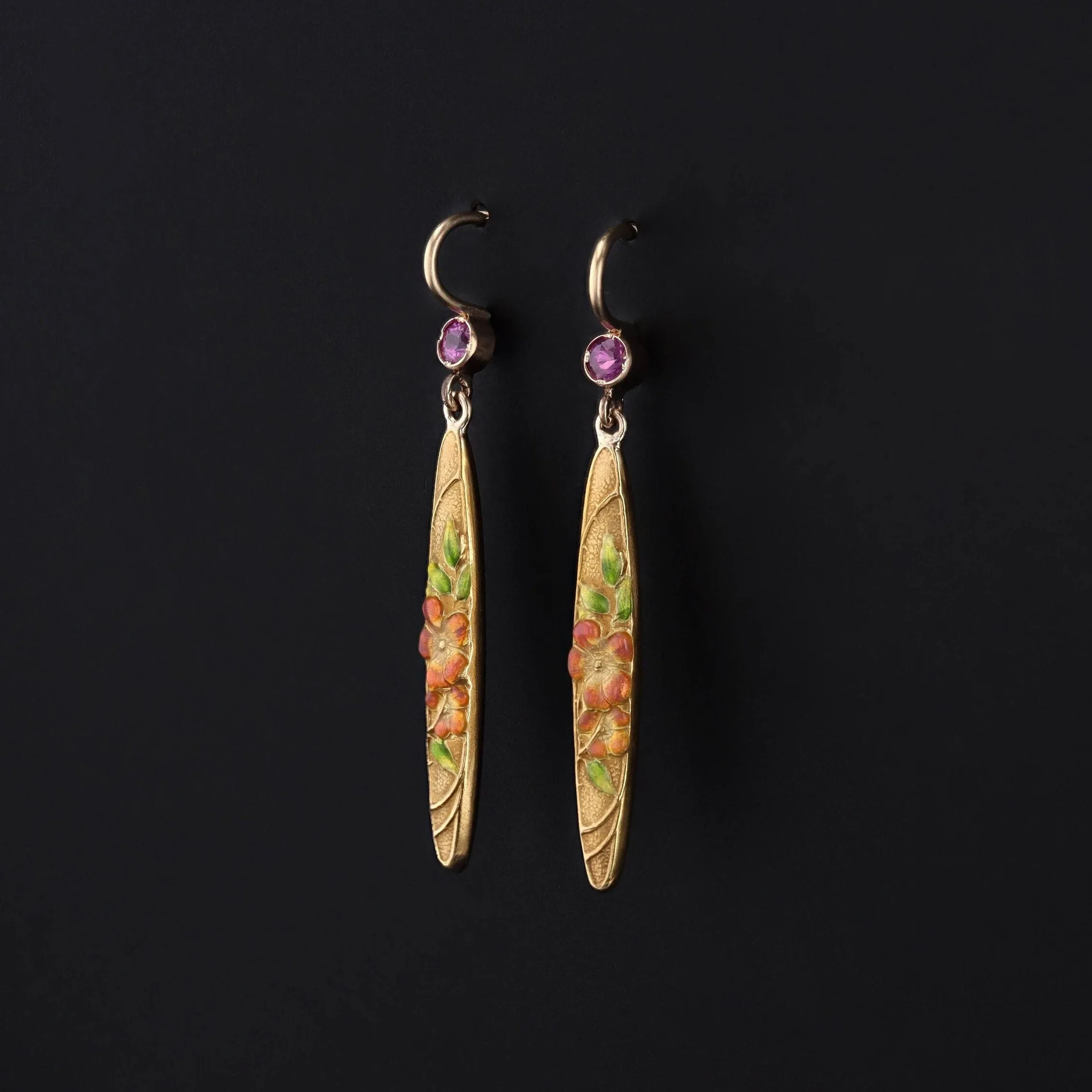 Antique Enamel and Pink Sapphire Conversion Earrings of 14k Gold