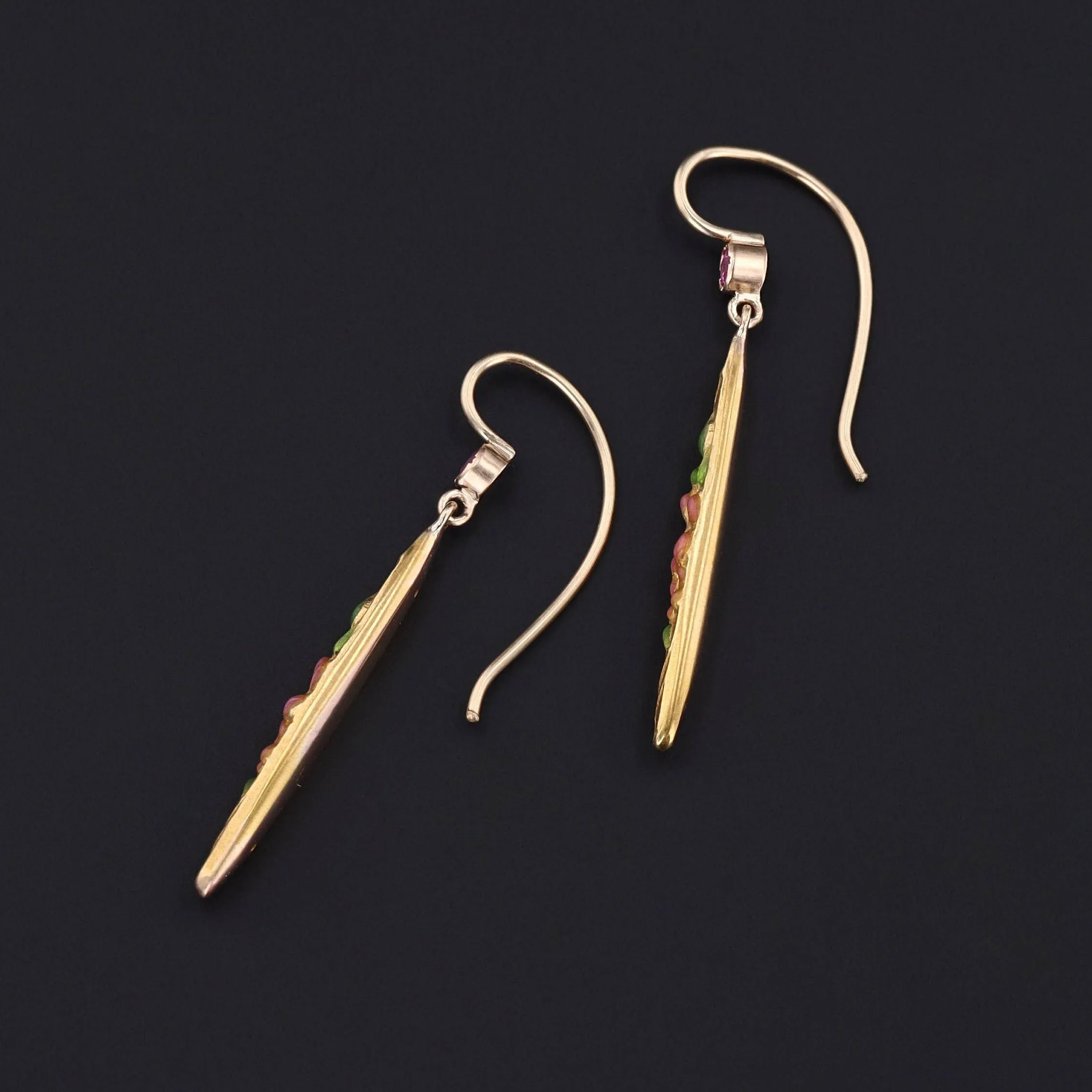 Antique Enamel and Pink Sapphire Conversion Earrings of 14k Gold