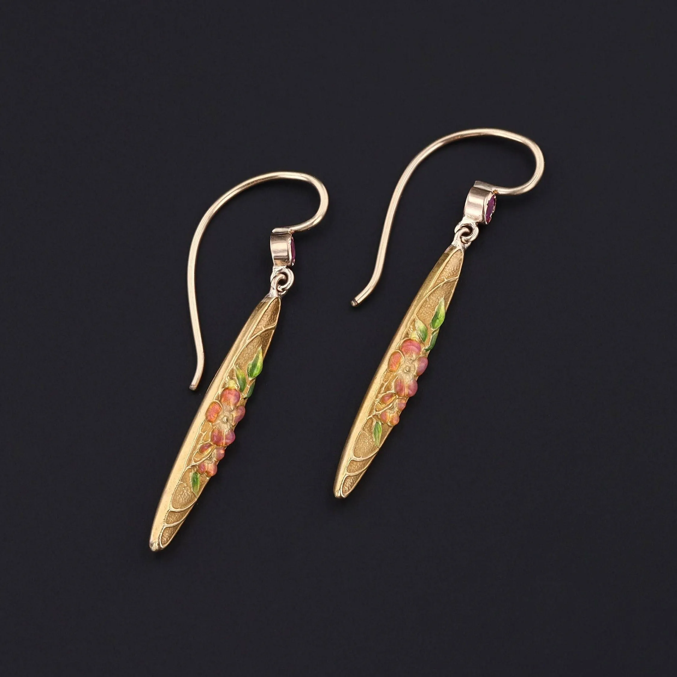 Antique Enamel and Pink Sapphire Conversion Earrings of 14k Gold