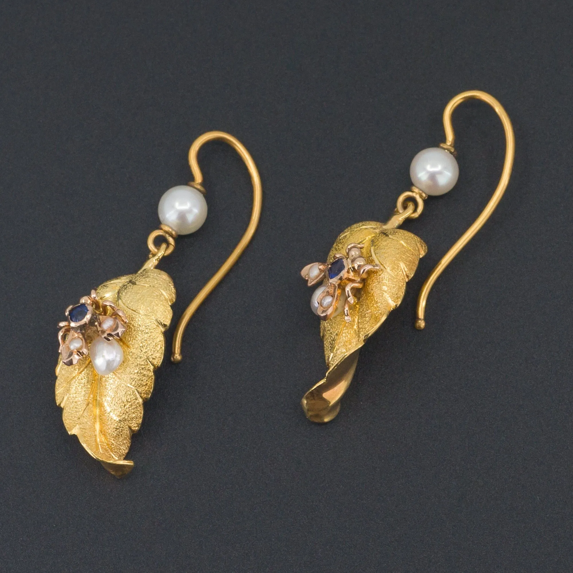 Antique Insect Earrings | 14k Gold Sapphire and Pearl Fly or Bee Earrings