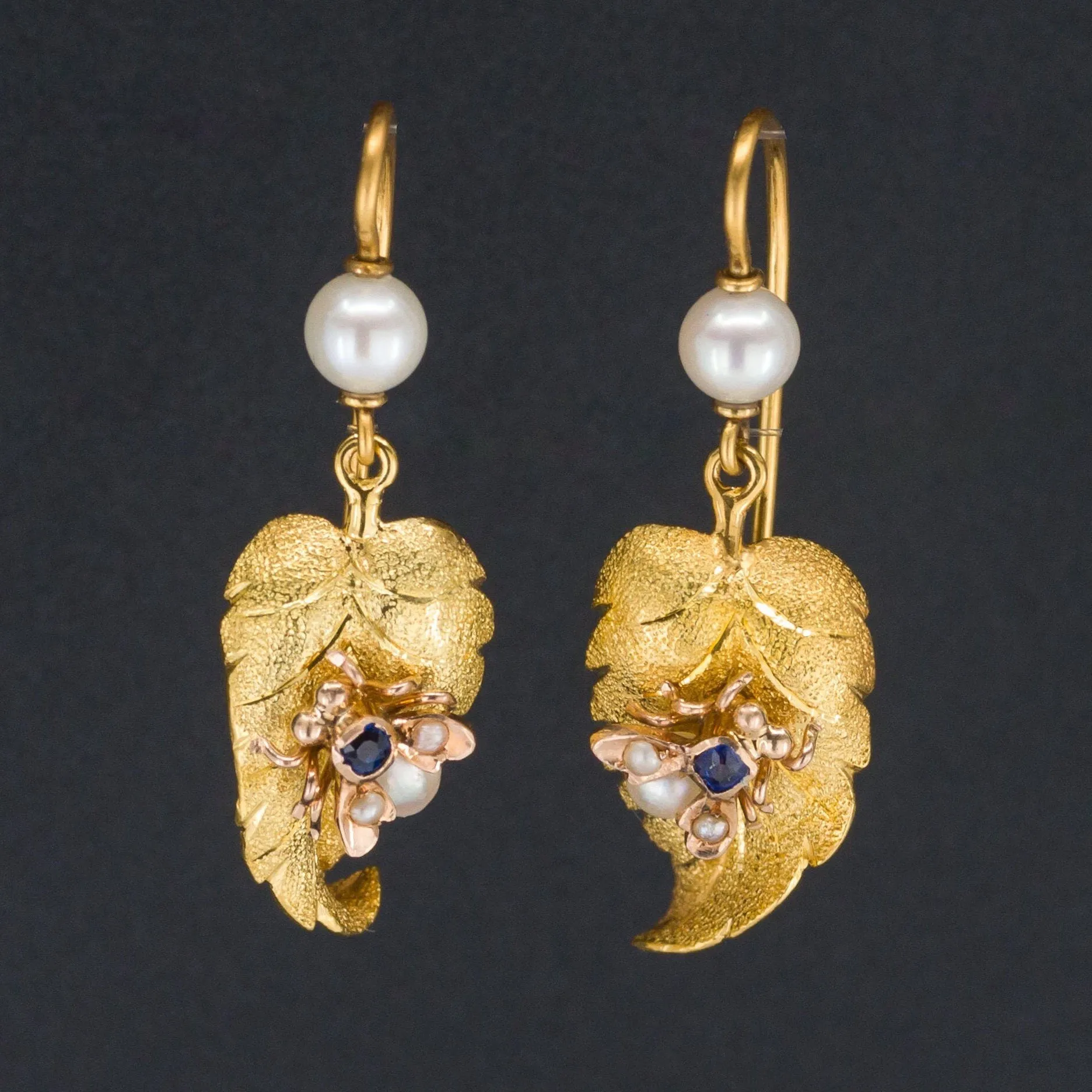 Antique Insect Earrings | 14k Gold Sapphire and Pearl Fly or Bee Earrings