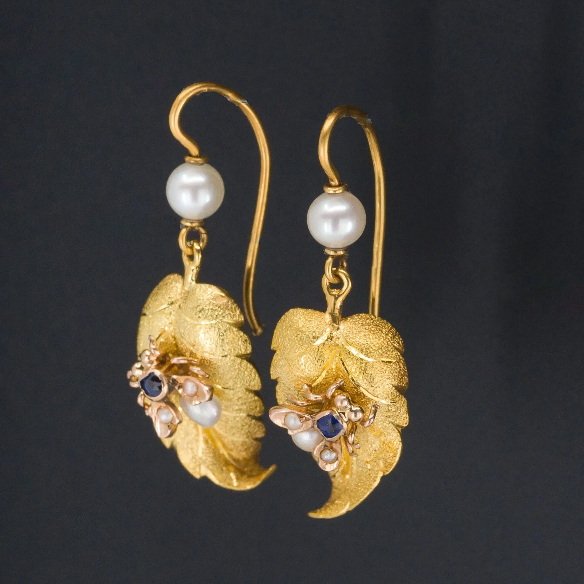 Antique Insect Earrings | 14k Gold Sapphire and Pearl Fly or Bee Earrings