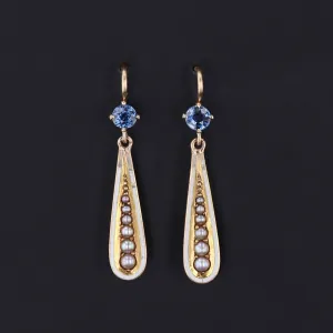 Antique Sapphire Pearl and Enamel Conversion Earrings of 14k Gold