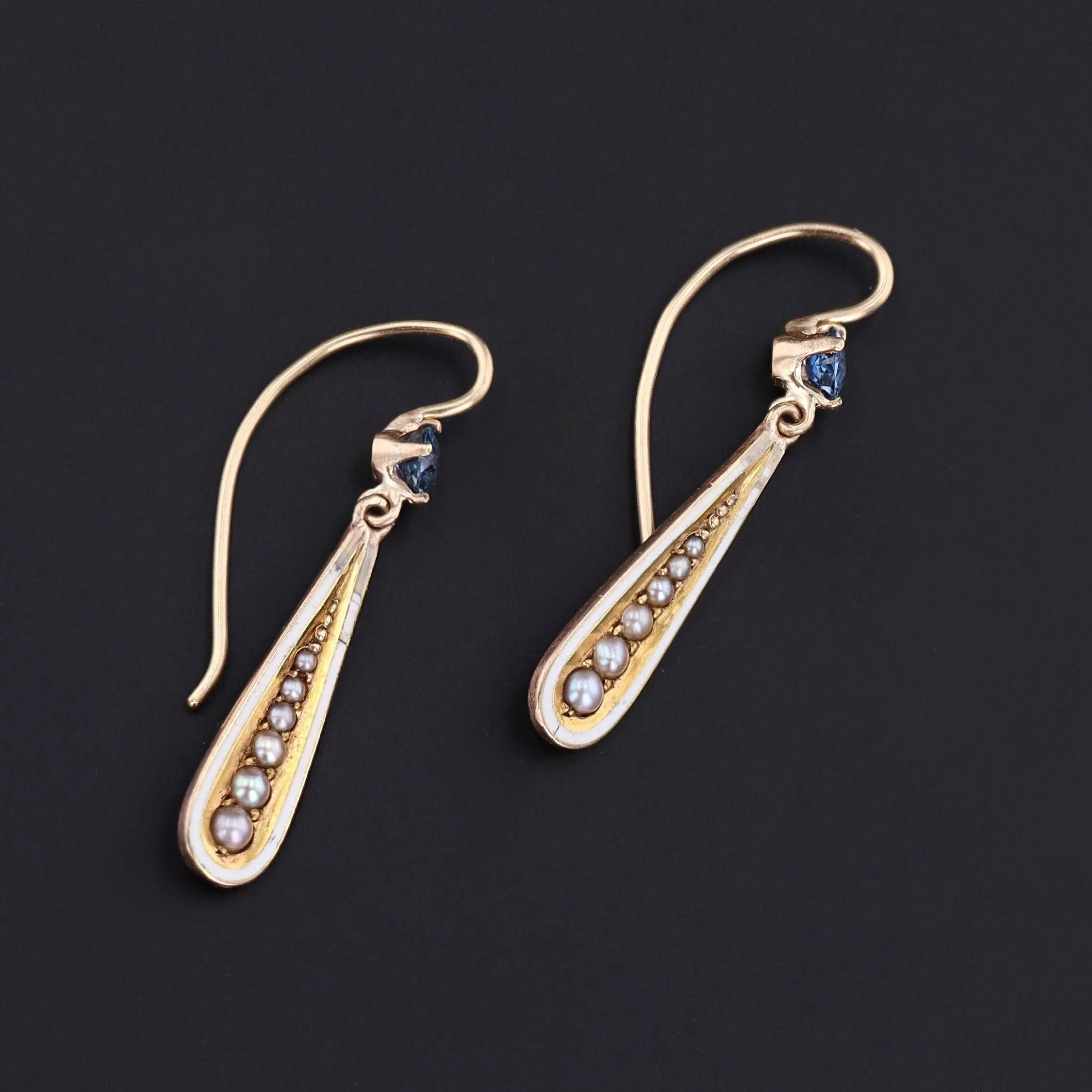 Antique Sapphire Pearl and Enamel Conversion Earrings of 14k Gold