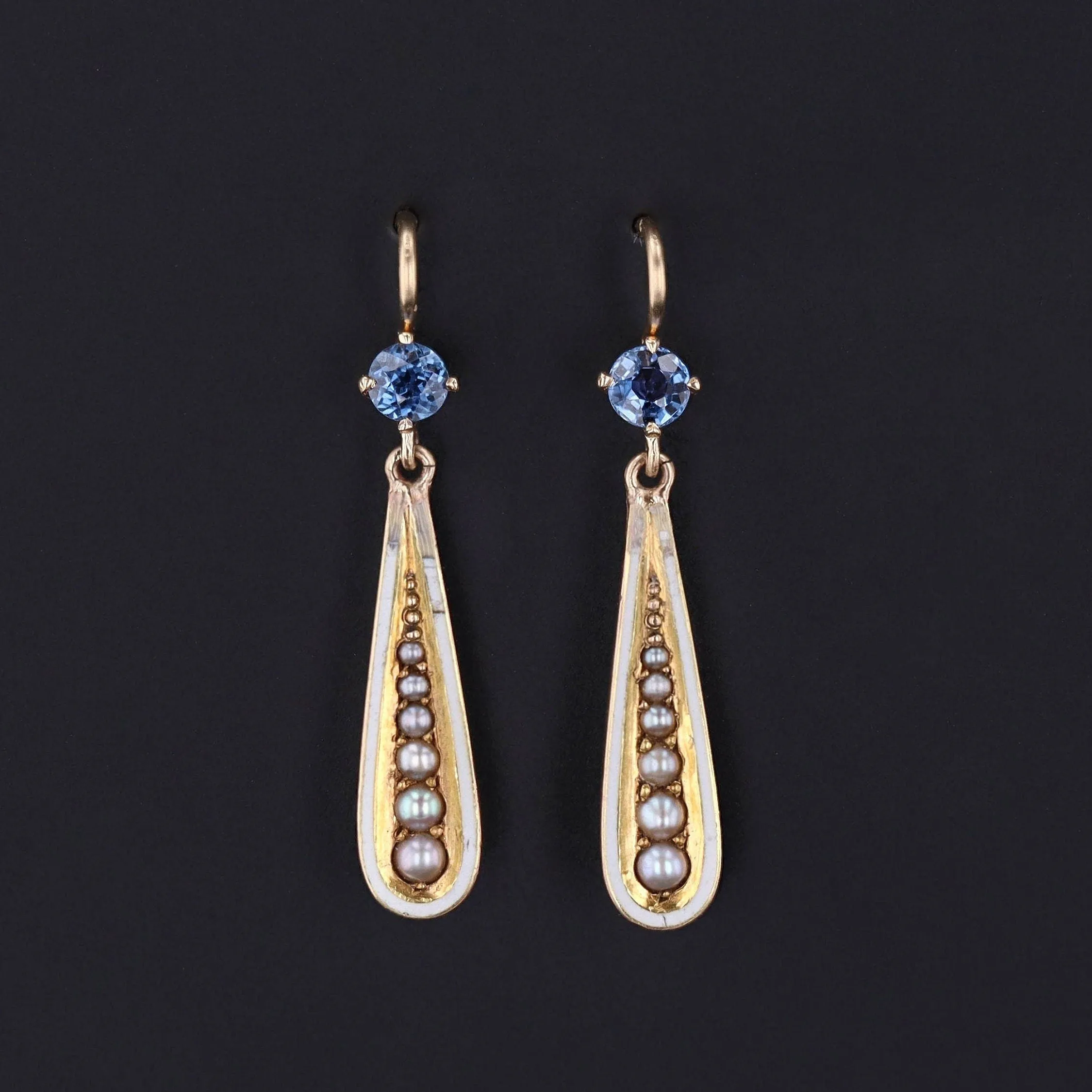 Antique Sapphire Pearl and Enamel Conversion Earrings of 14k Gold