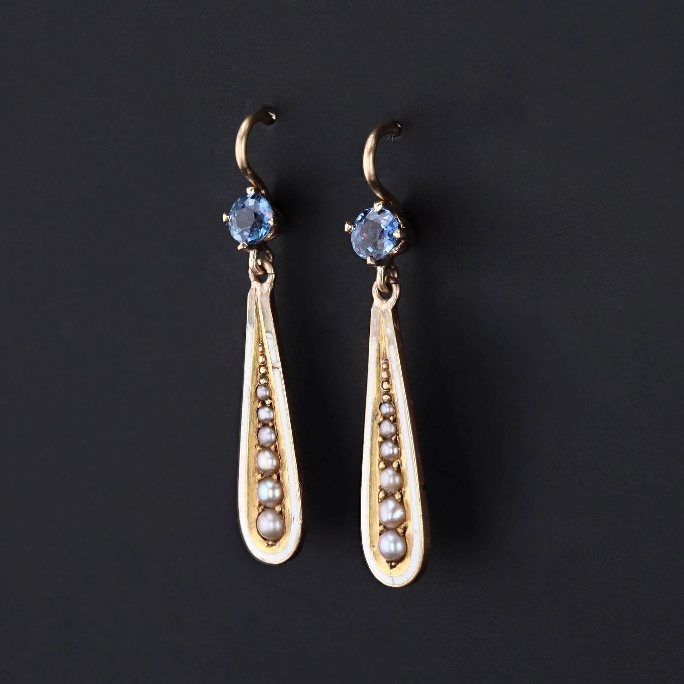 Antique Sapphire Pearl and Enamel Conversion Earrings of 14k Gold