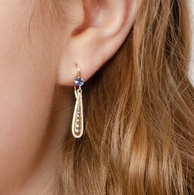 Antique Sapphire Pearl and Enamel Conversion Earrings of 14k Gold