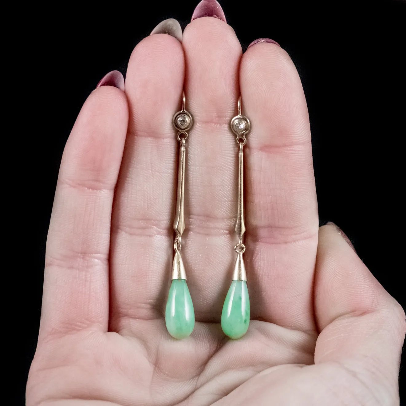 Antique Victorian Jade Diamond Drop Earrings 18Ct Gold Circa 1900