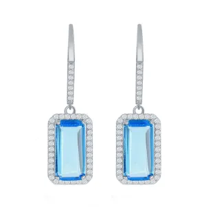 Aqua Emerald-Cut Halo Drop Earrings