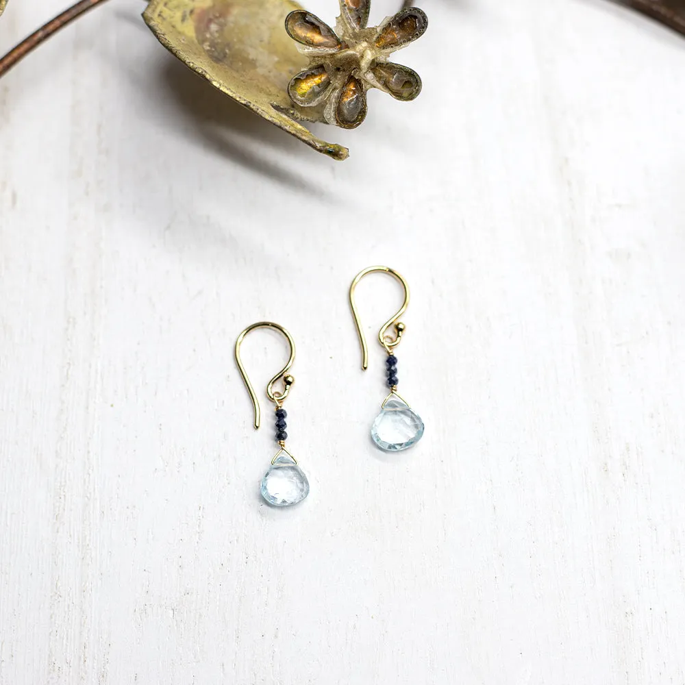 Aquamarine & Sapphire Raindrop Gold Earrings