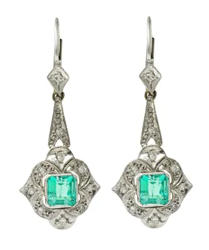 Art Deco 2.34 CTW Emerald Diamond Platinum Drop Earrings
