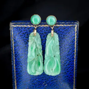 Art Deco 9ct Gold Carved Green Jade Eggplant Earrings | Antique
