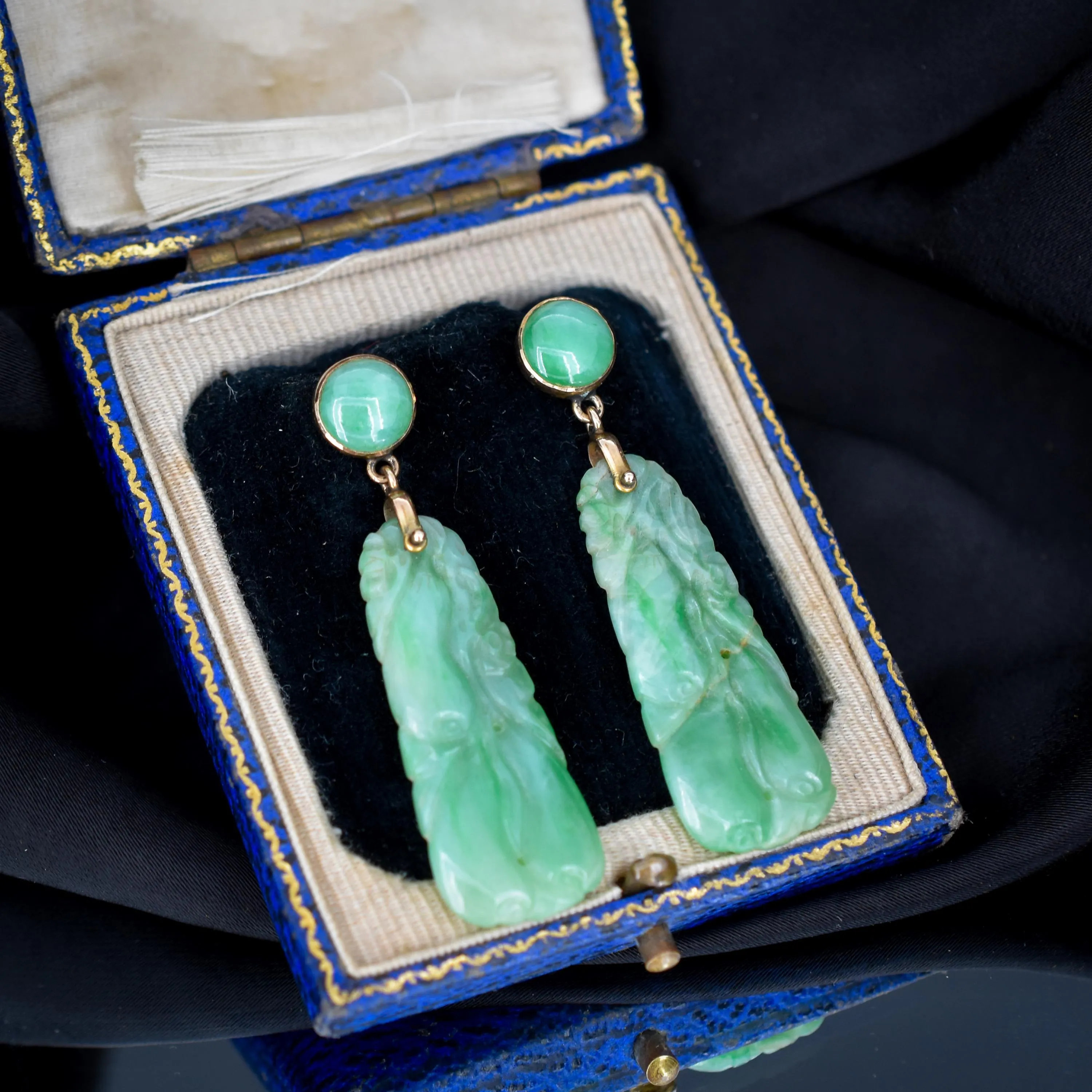 Art Deco 9ct Gold Carved Green Jade Eggplant Earrings | Antique