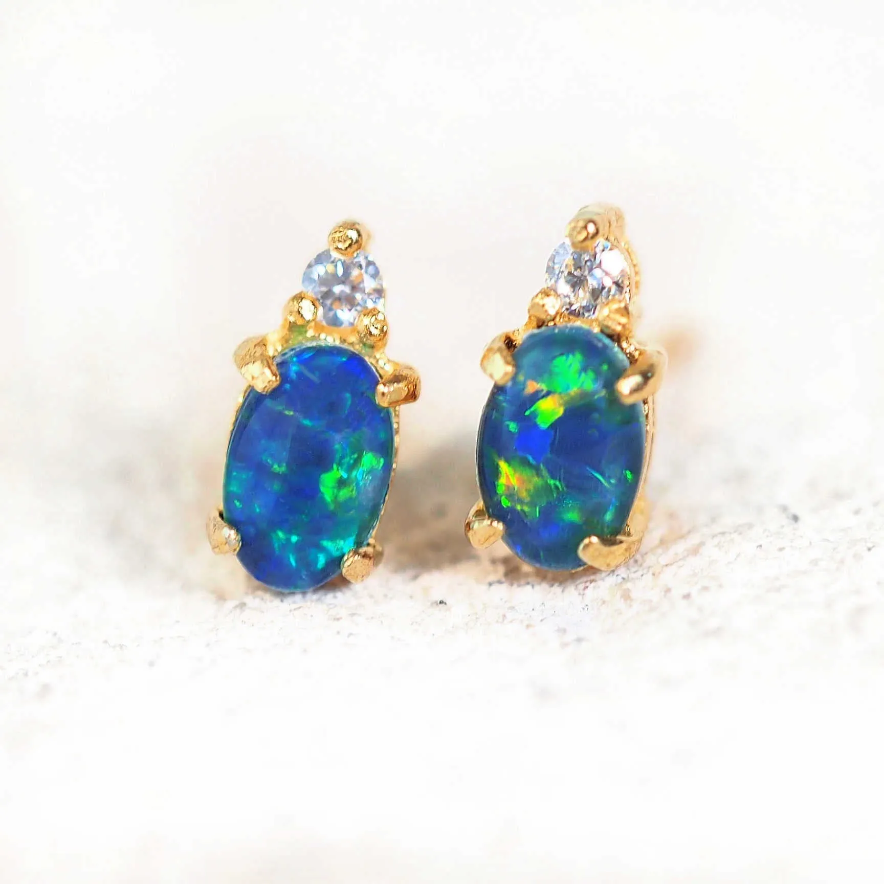 'Audrey Blue' Triplet Opal Earrings Gold Plated Silver
