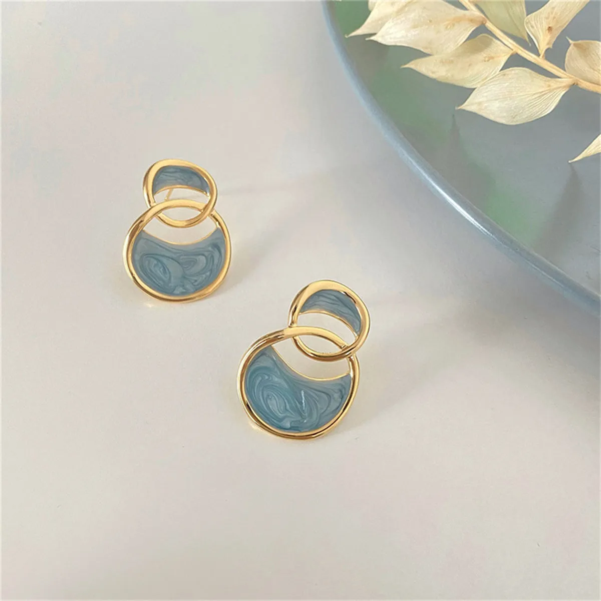 Azure Enamel & 18K Gold-Plated Double-Oval Drop Earrings
