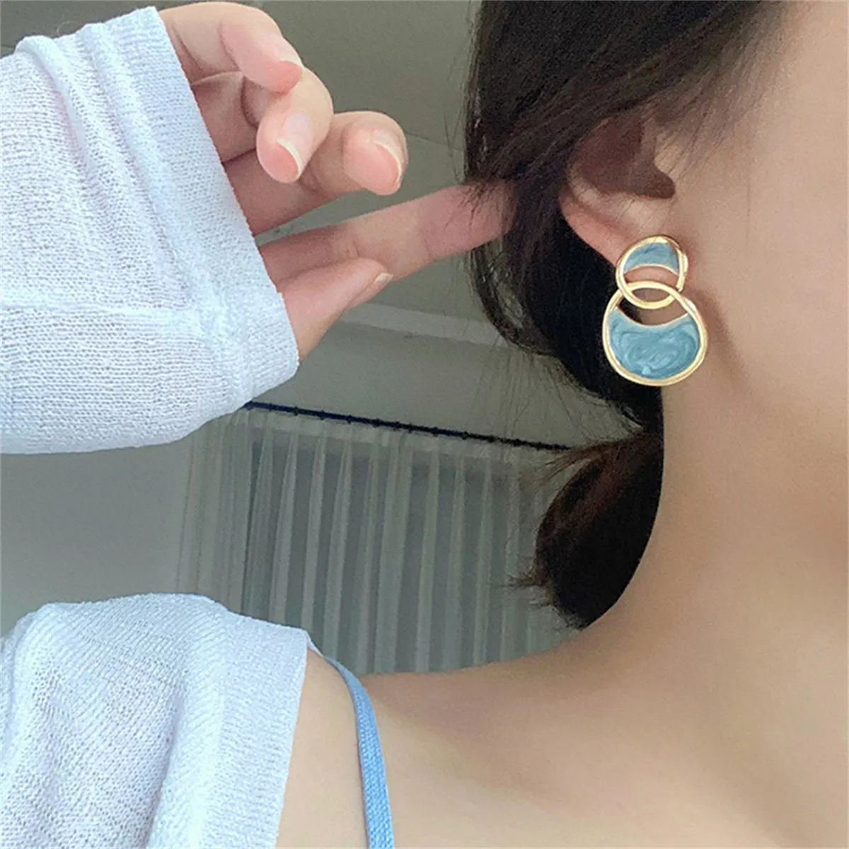 Azure Enamel & 18K Gold-Plated Double-Oval Drop Earrings