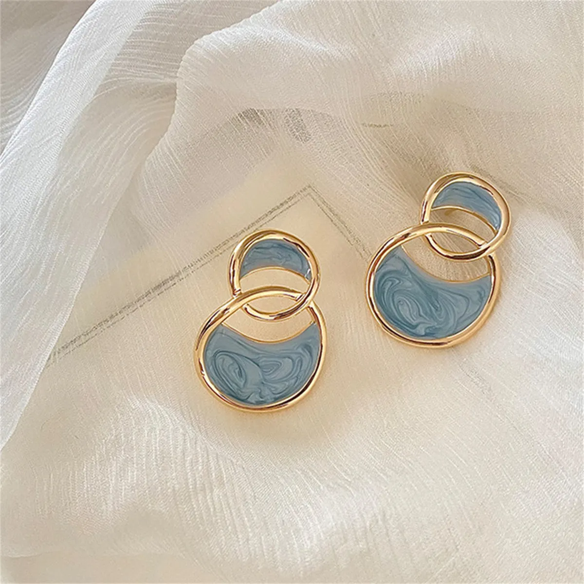 Azure Enamel & 18K Gold-Plated Double-Oval Drop Earrings
