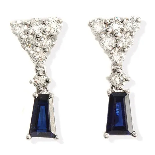 Baguette Blue Sapphire And Pave Diamond Earrings, 18 K