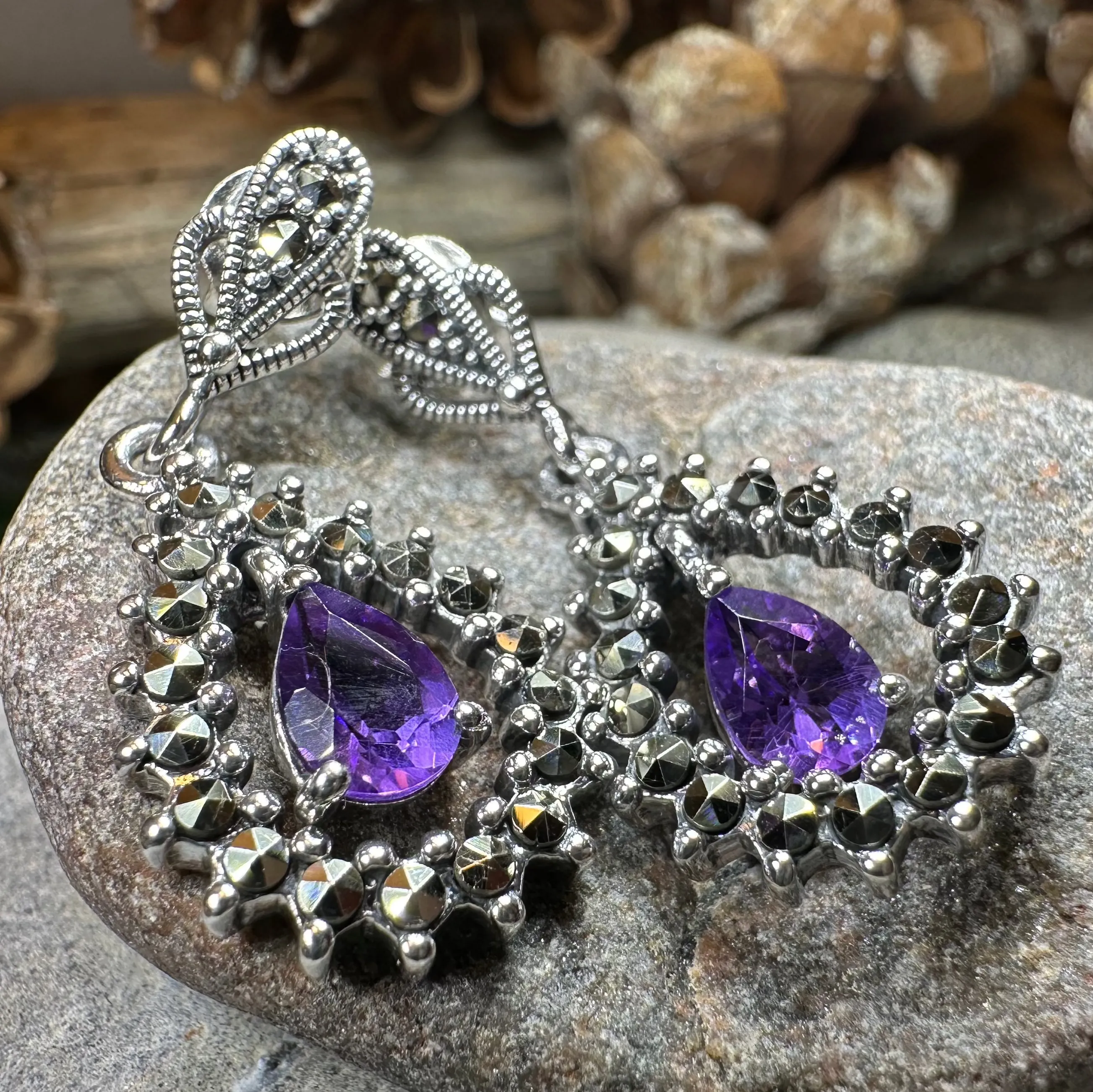 Bebe Amethyst Marcasite Earrings
