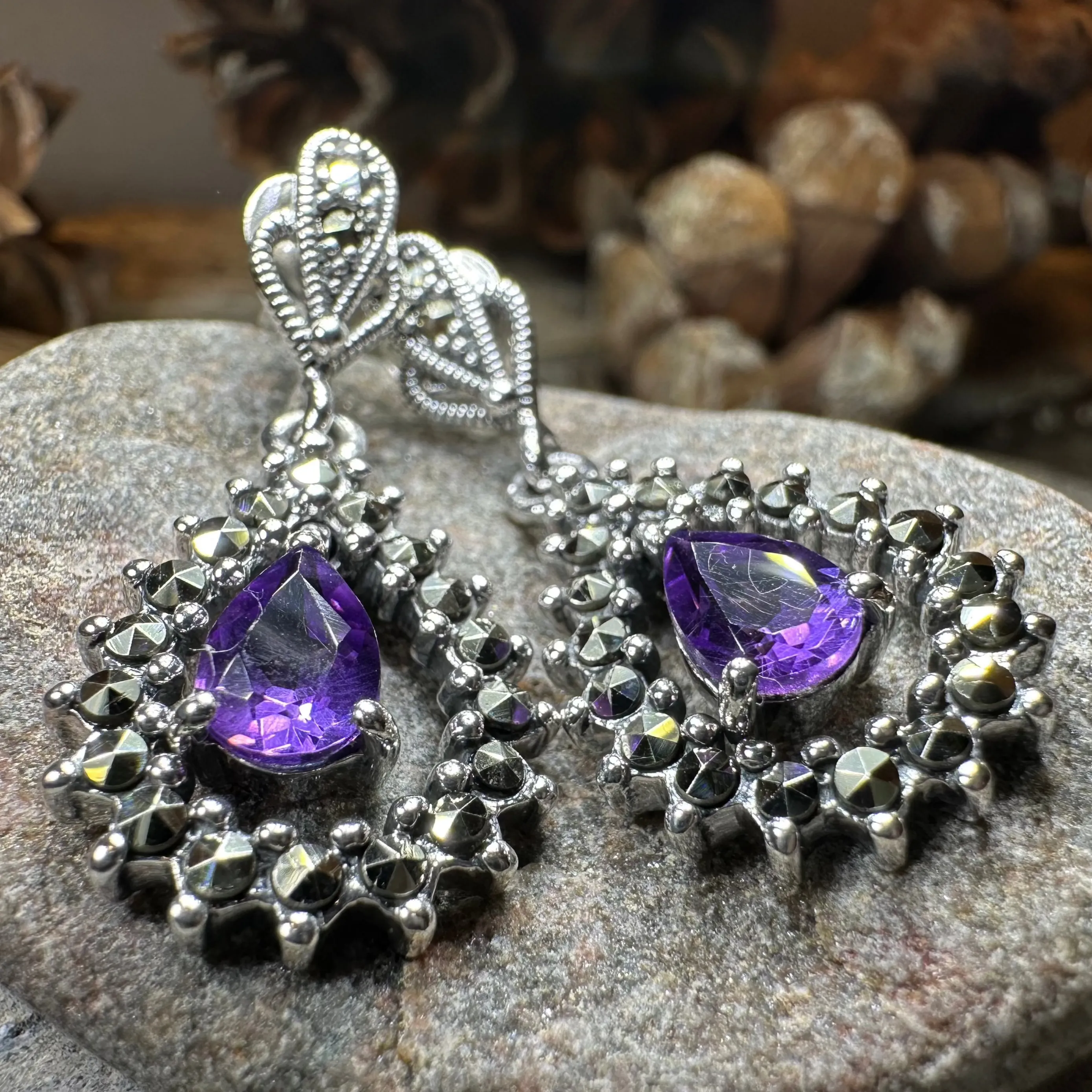Bebe Amethyst Marcasite Earrings