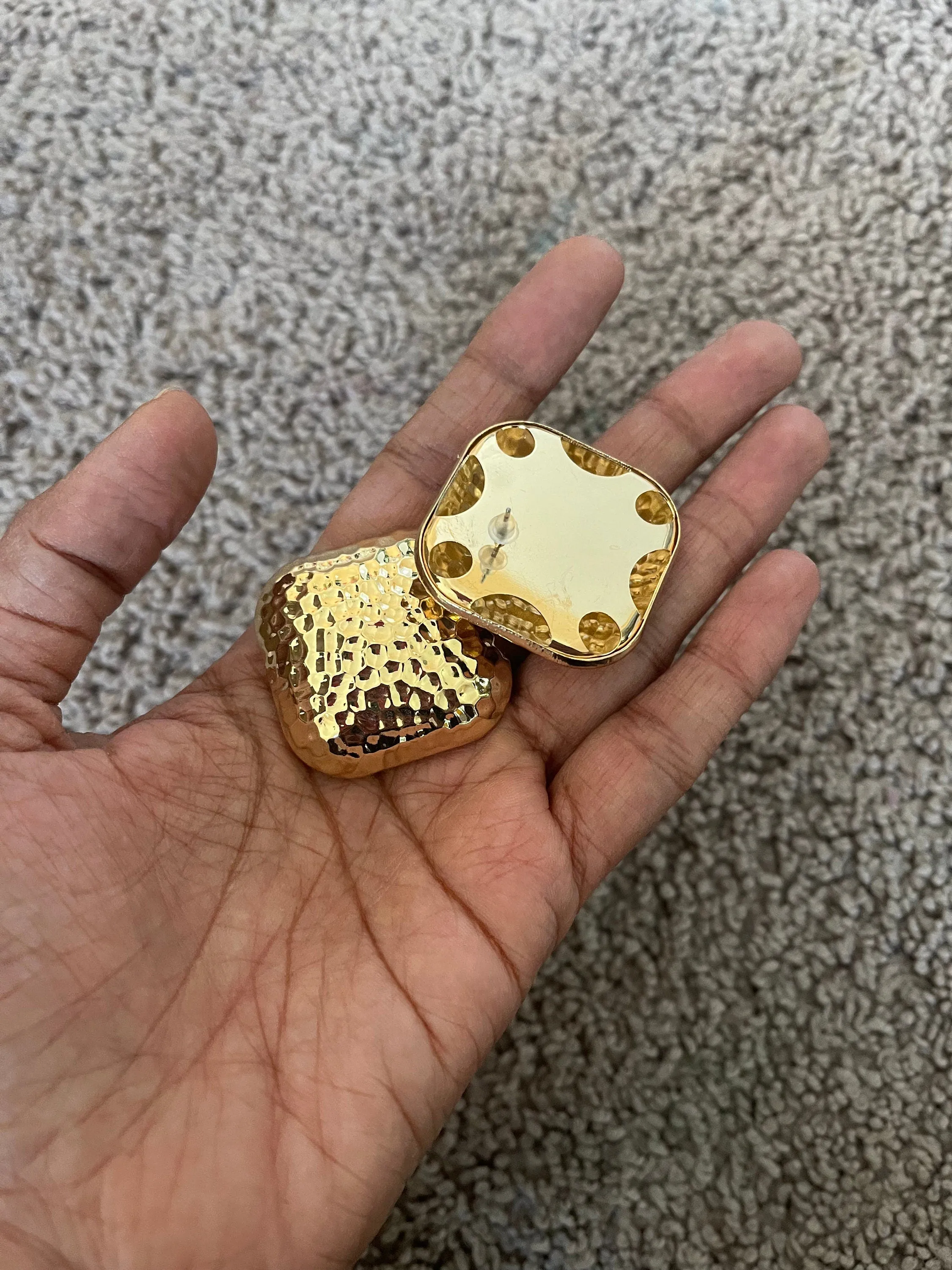 Big gold earrings square  , gold studs large brushed metal earring , gold stud earring , retro gold earrings , chunky gold studs big