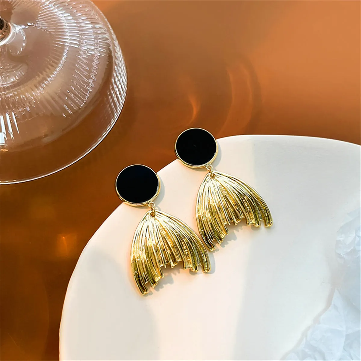Black Enamel & 18K Gold-Plated Fish Tail Drop Earrings