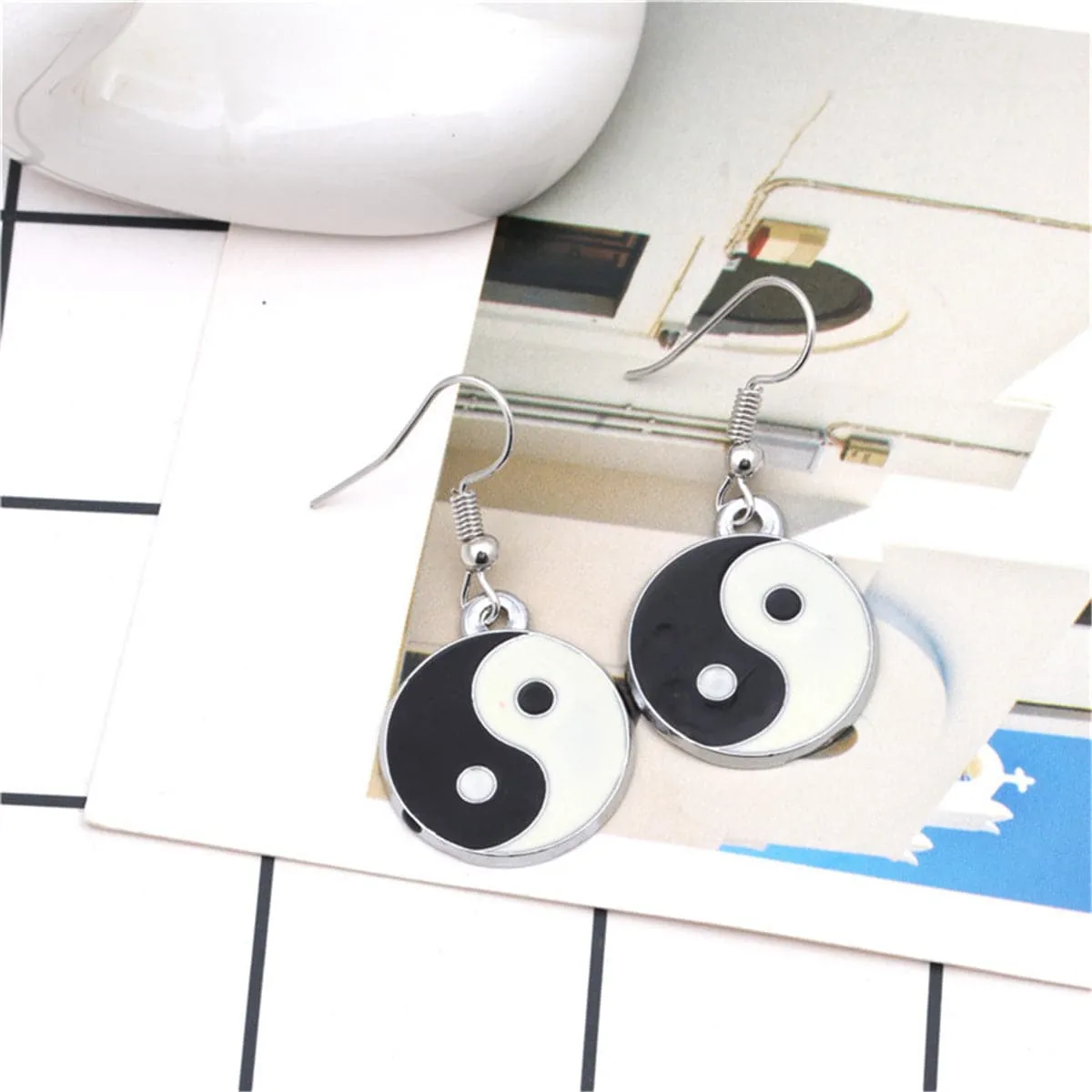Black Enamel & Silver-Plated Yin Yang Drop Earrings