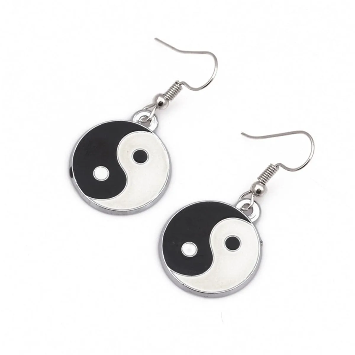 Black Enamel & Silver-Plated Yin Yang Drop Earrings