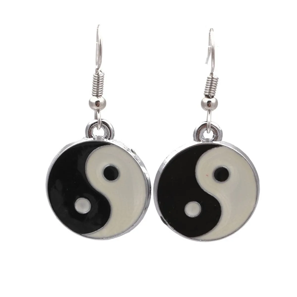 Black Enamel & Silver-Plated Yin Yang Drop Earrings