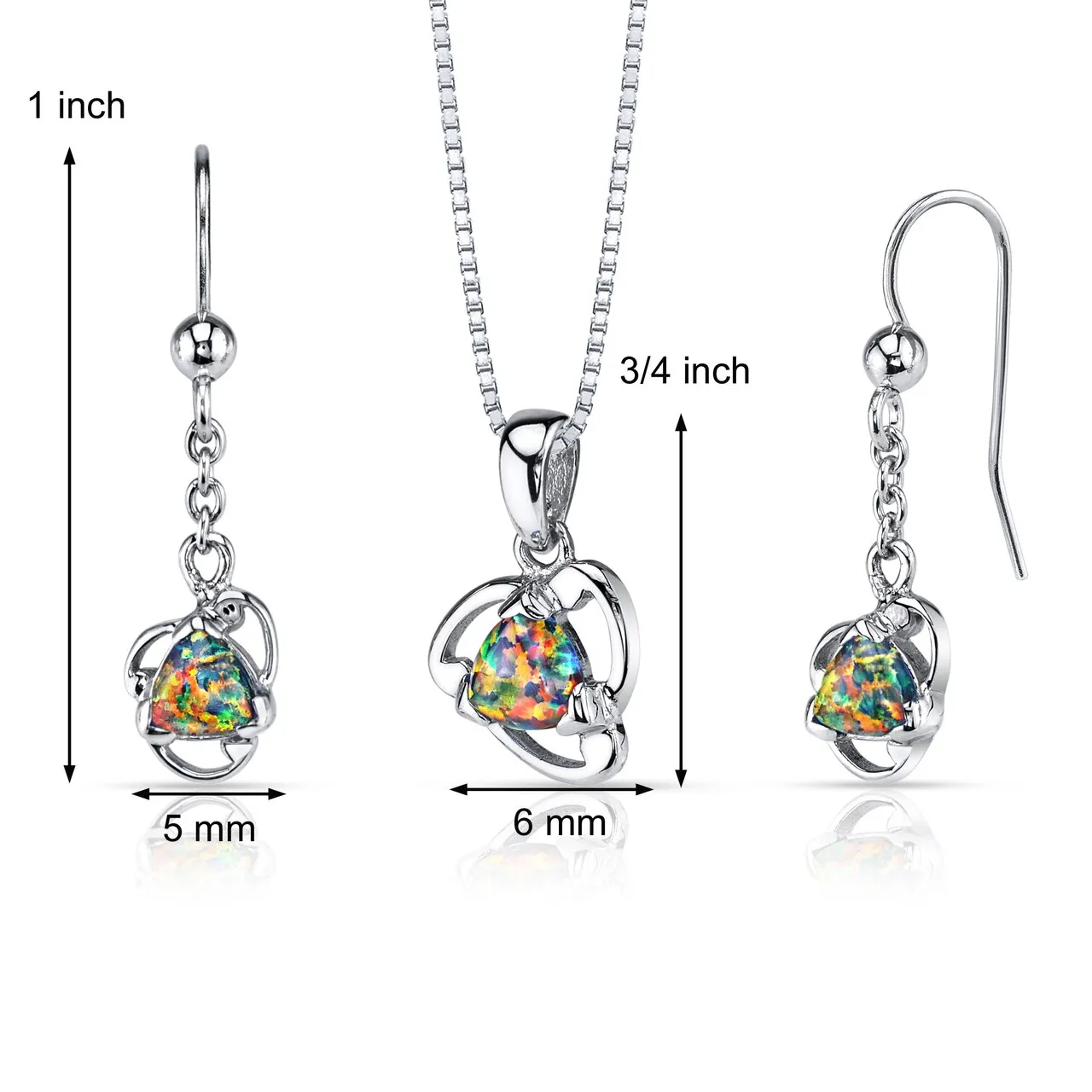 Black Opal Lily Pendant Earrings Necklace Sterling Silver 2.00 Carats